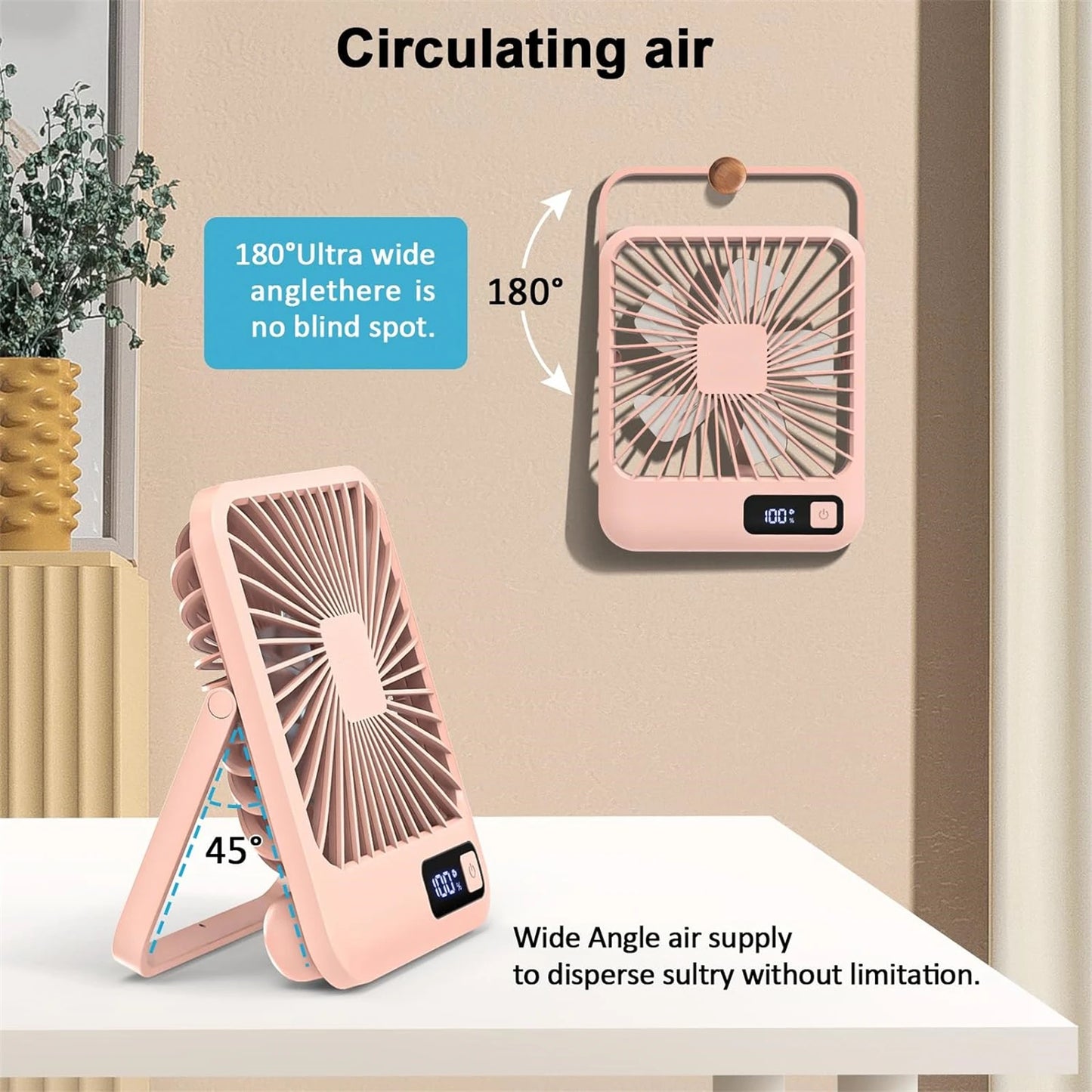 180° Folding USB Fan – Personal Desk Fan with Battery Display & 5 Speed Modes