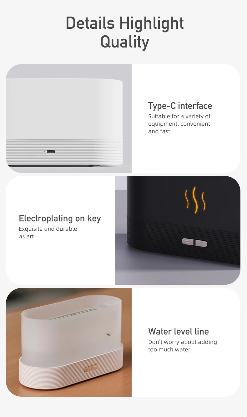 Flame Effect Essential Oil Diffuser – Ultrasonic Cool Mist Humidifier with LED Lights