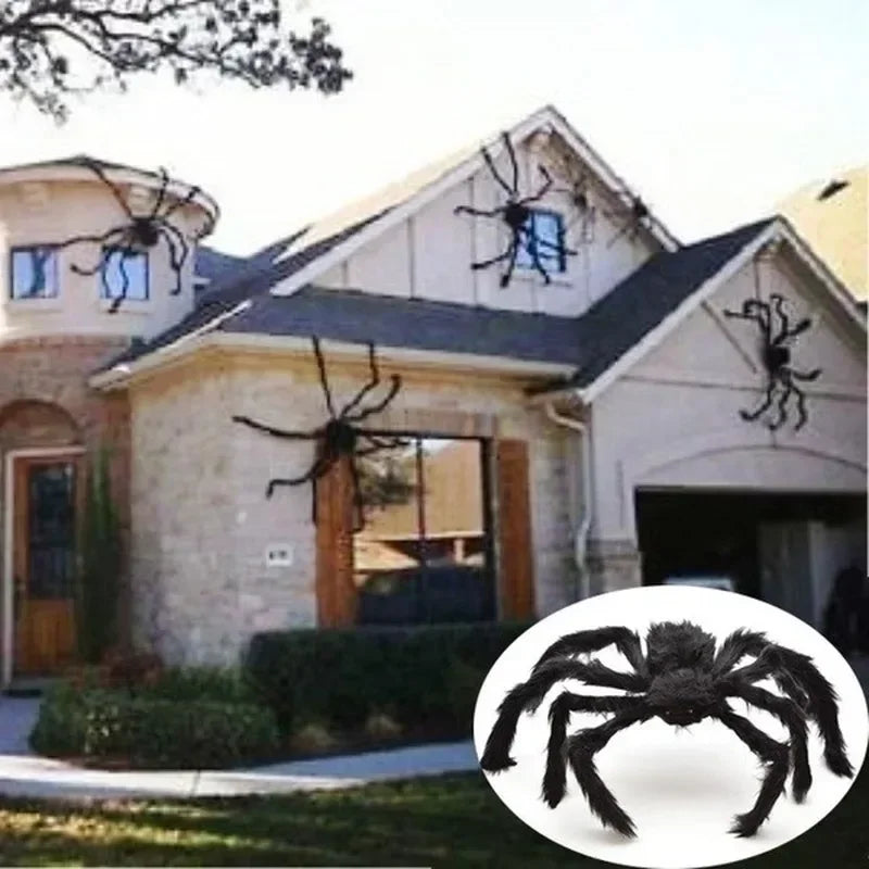 🎃 Scary Halloween Spider Decoration – Hairy Black Plush Spider & Web for Haunted House
