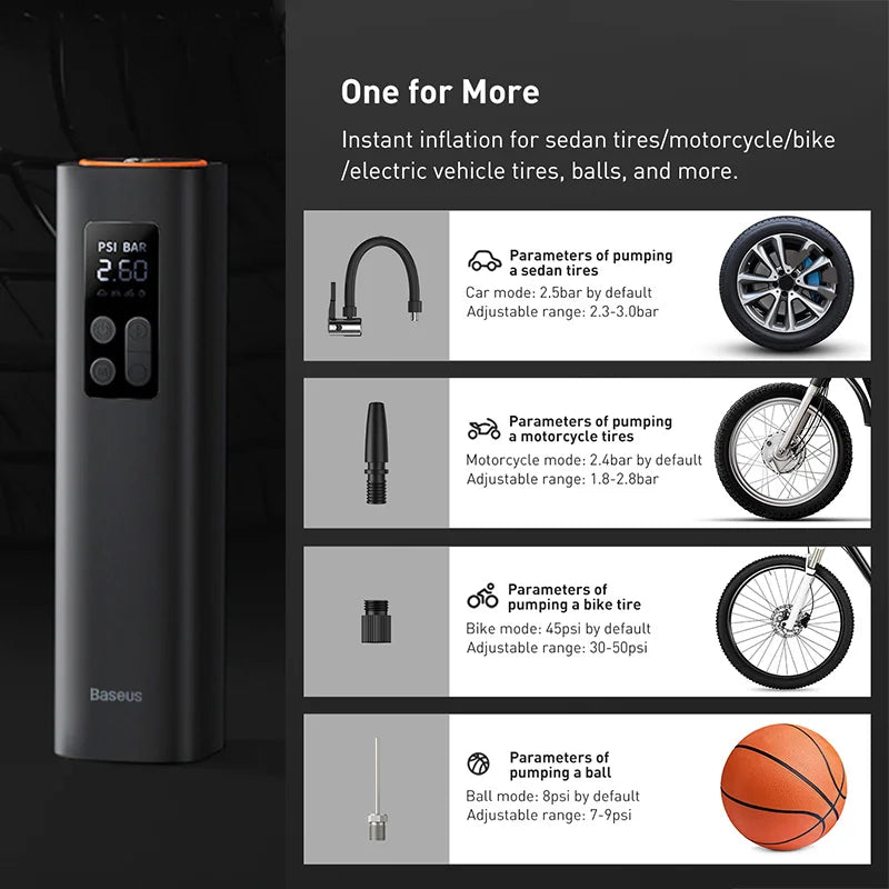 Baseus 12V Portable Air Compressor – Digital Tire Inflator Pump for Car, Motorcycle, Bicycle & Boat