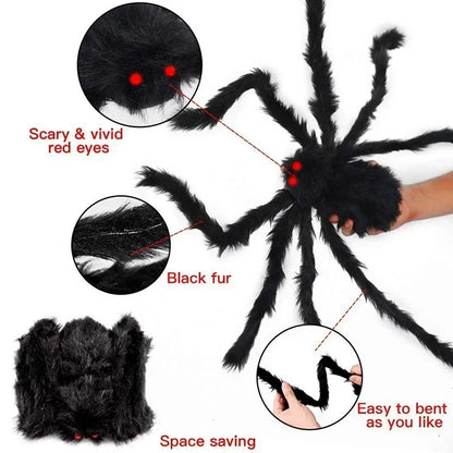 🎃 Scary Halloween Spider Decoration – Hairy Black Plush Spider & Web for Haunted House