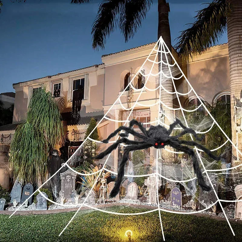 🎃 Scary Halloween Spider Decoration – Hairy Black Plush Spider & Web for Haunted House