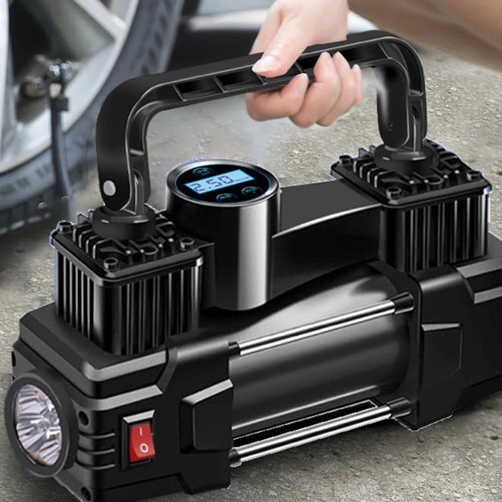 High-Pressure 12V Car Air Pump – Dual Cylinder Electric Tire Inflator with LED