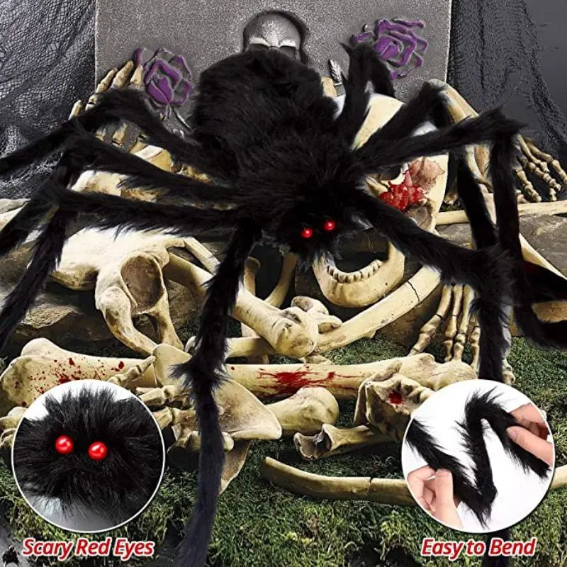 🎃 Scary Halloween Spider Decoration – Hairy Black Plush Spider & Web for Haunted House
