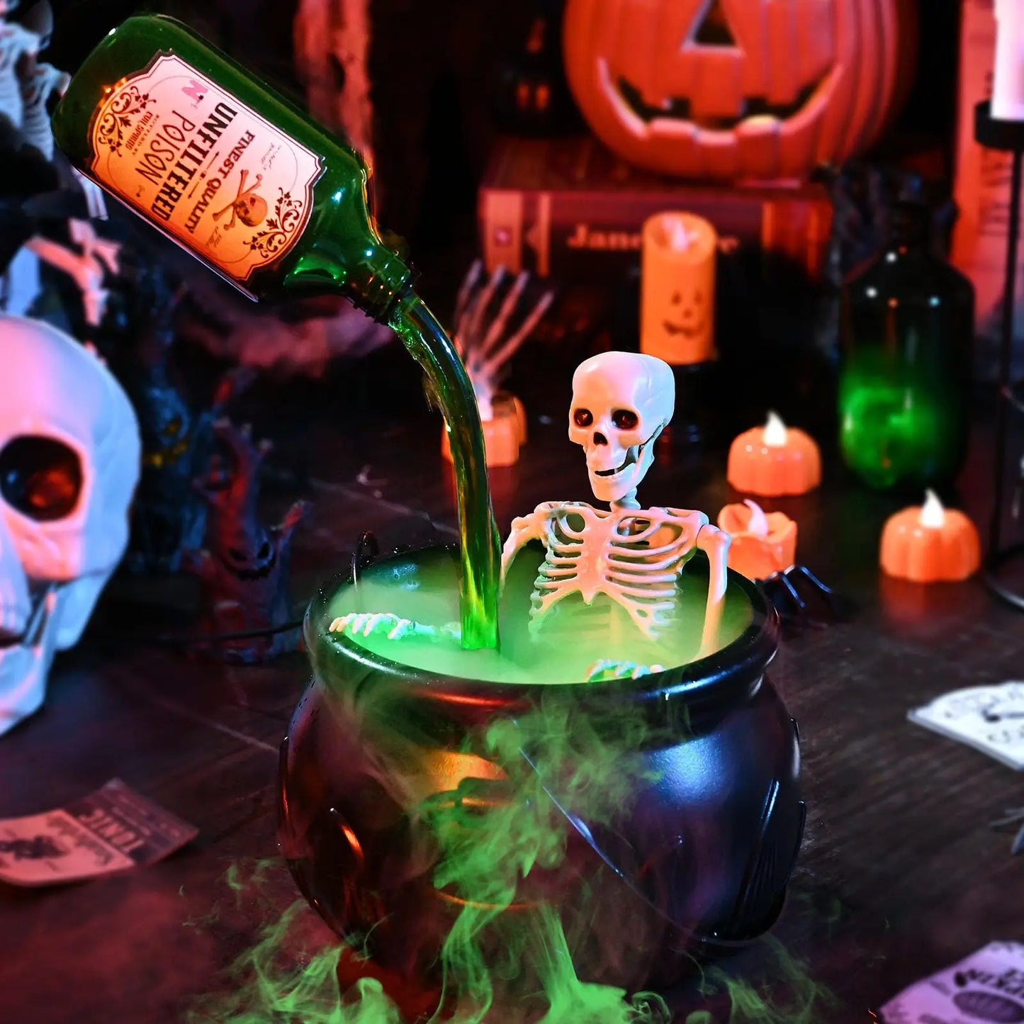 LED Halloween Witch Cauldron with Fog Mist – Skeleton Decoration for Hocus Pocus Party
