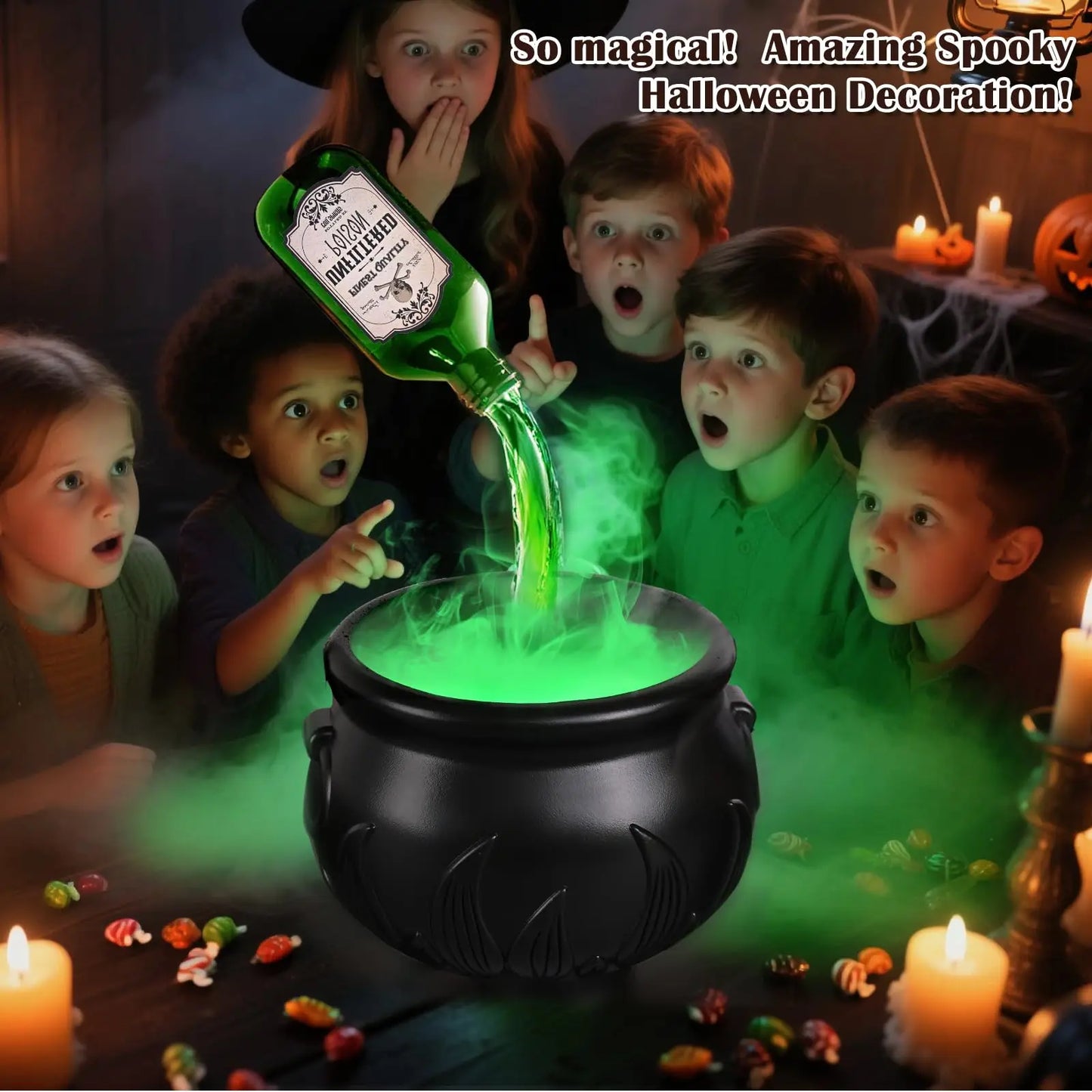 LED Halloween Witch Cauldron with Fog Mist – Skeleton Decoration for Hocus Pocus Party
