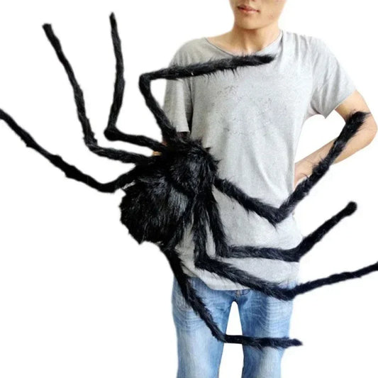 🎃 Scary Halloween Spider Decoration – Hairy Black Plush Spider & Web for Haunted House