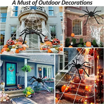 🎃 Scary Halloween Spider Decoration – Hairy Black Plush Spider & Web for Haunted House