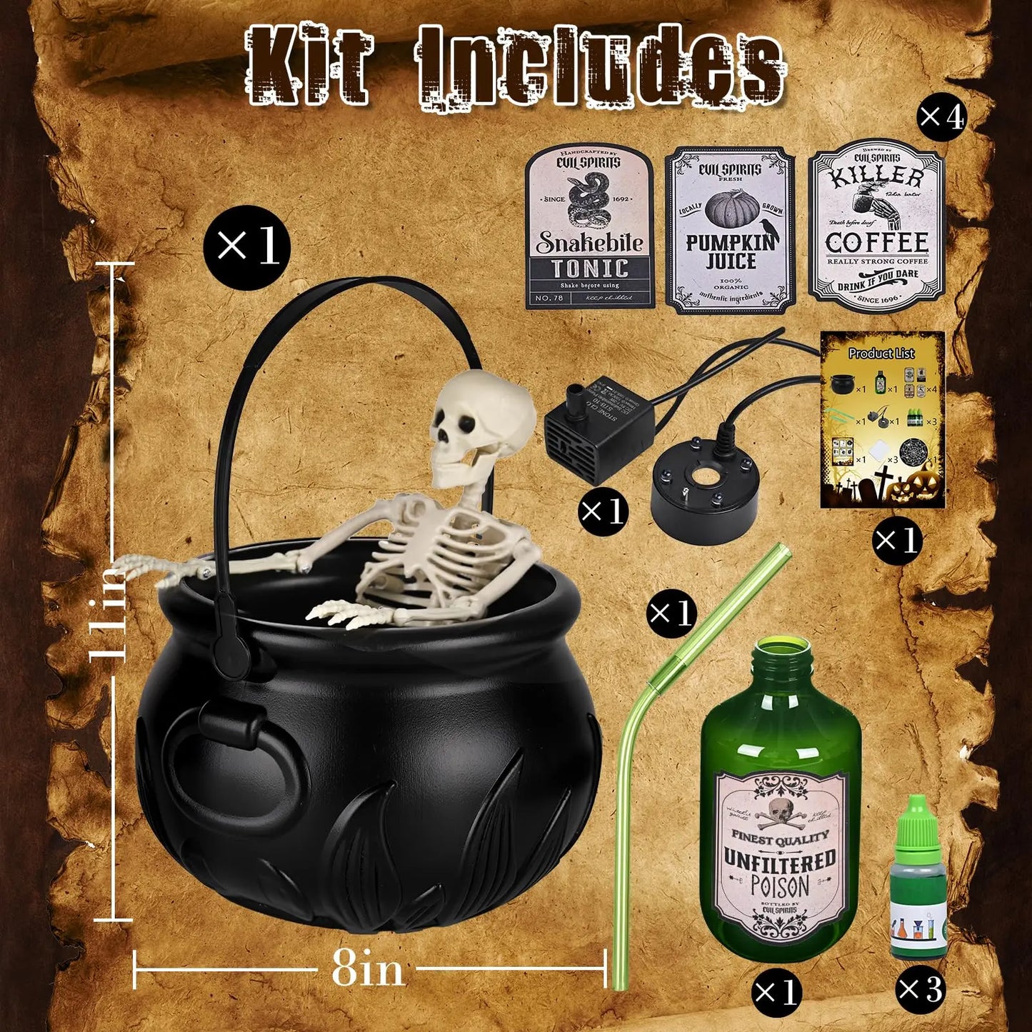 LED Halloween Witch Cauldron with Fog Mist – Skeleton Decoration for Hocus Pocus Party