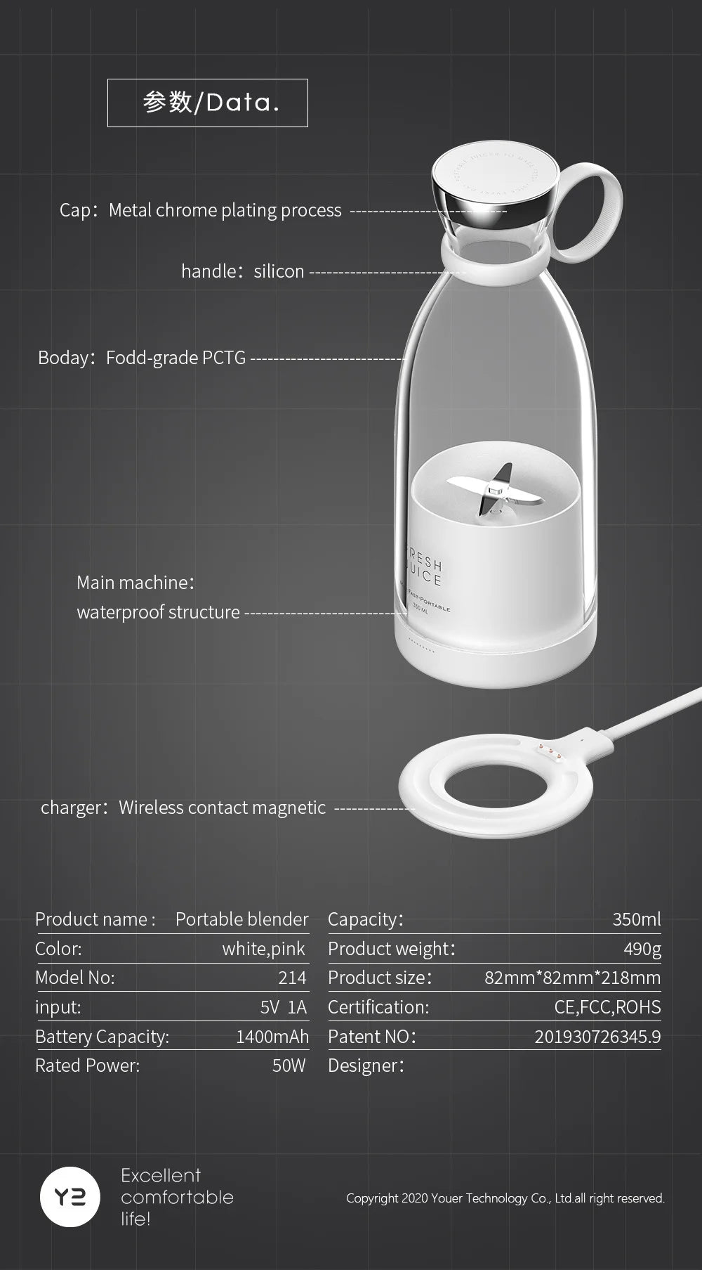 Compact Juice & Smoothie Blender – Portable USB Rechargeable Mixer