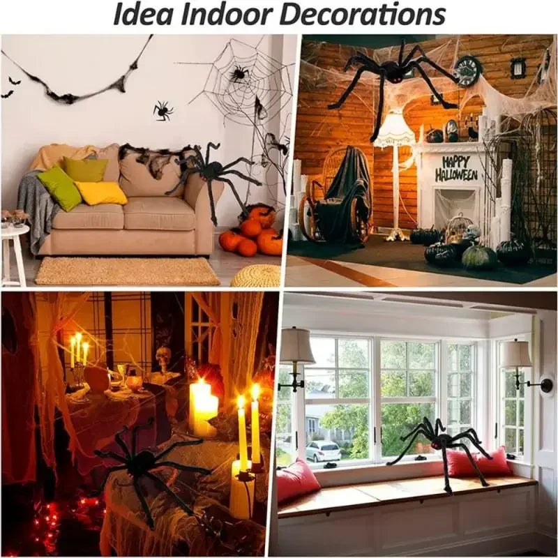 🎃 Scary Halloween Spider Decoration – Hairy Black Plush Spider & Web for Haunted House