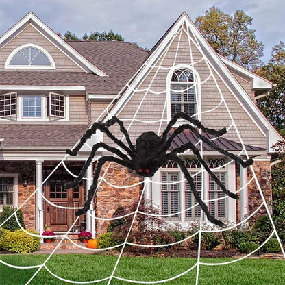 🎃 Scary Halloween Spider Decoration – Hairy Black Plush Spider & Web for Haunted House