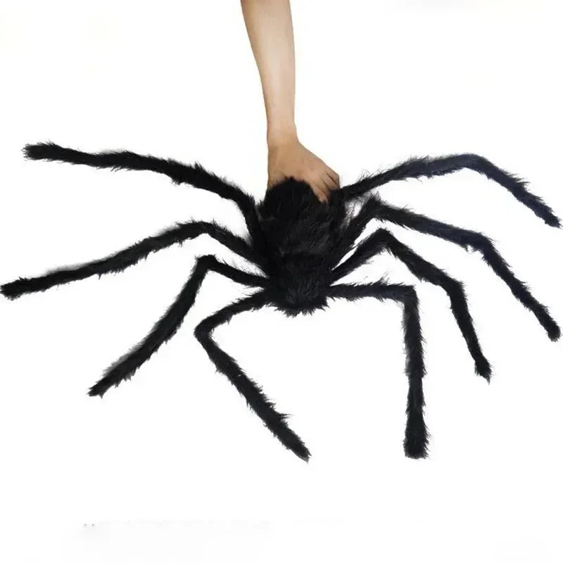 🎃 Scary Halloween Spider Decoration – Hairy Black Plush Spider & Web for Haunted House