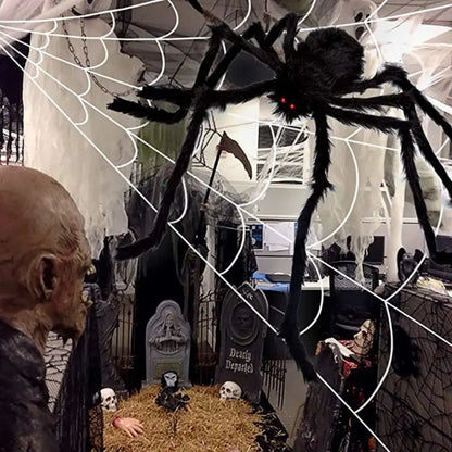 🎃 Scary Halloween Spider Decoration – Hairy Black Plush Spider & Web for Haunted House