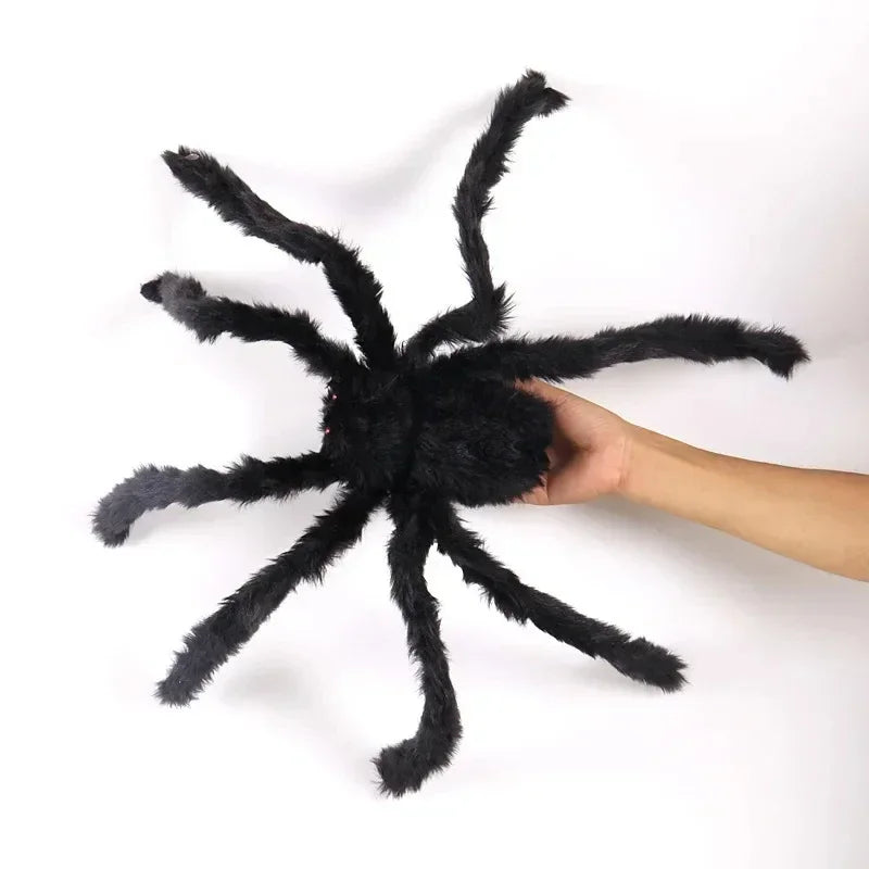 🎃 Scary Halloween Spider Decoration – Hairy Black Plush Spider & Web for Haunted House