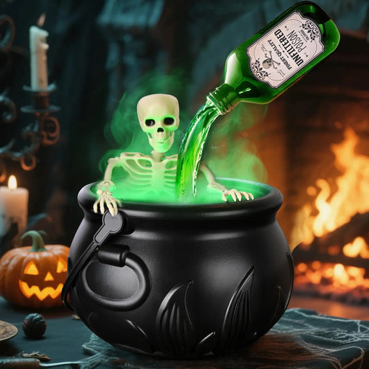 LED Halloween Witch Cauldron with Fog Mist – Skeleton Decoration for Hocus Pocus Party