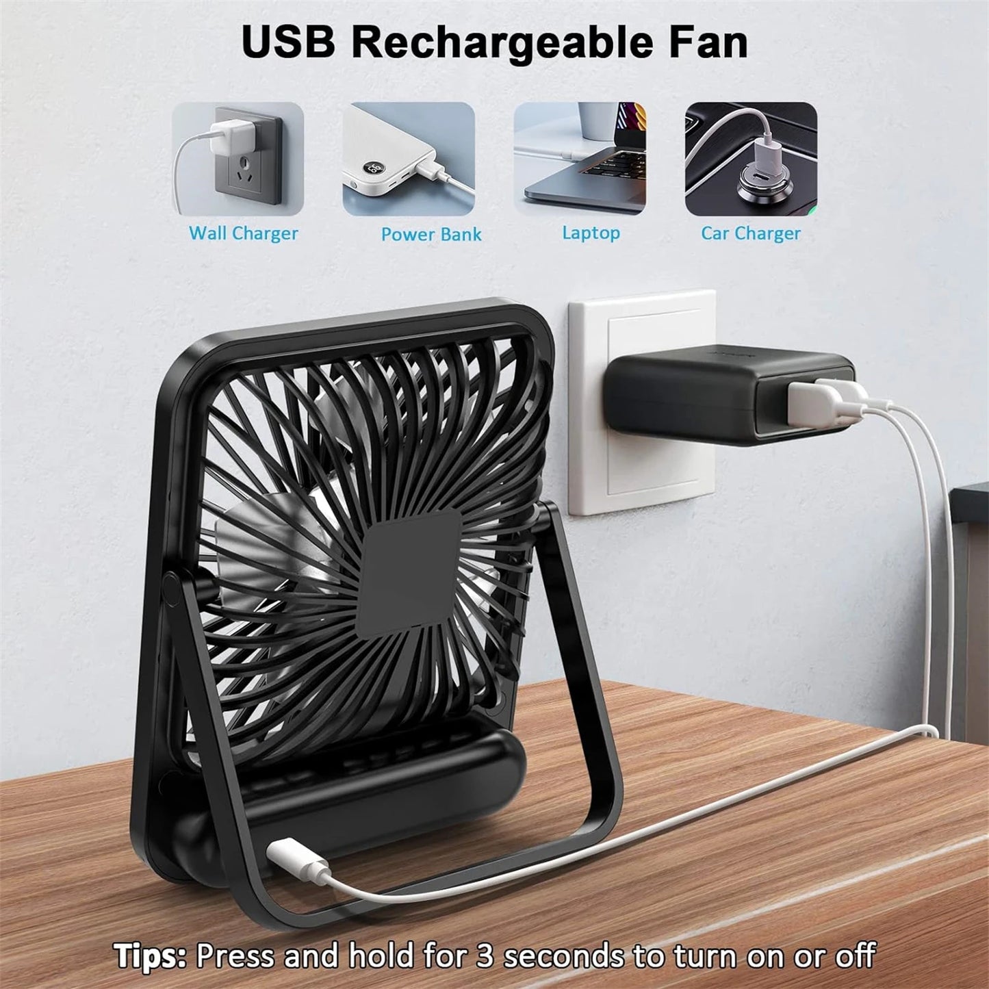 180° Folding USB Fan – Personal Desk Fan with Battery Display & 5 Speed Modes