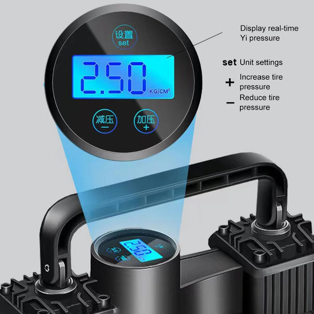 High-Pressure 12V Car Air Pump – Dual Cylinder Electric Tire Inflator with LED