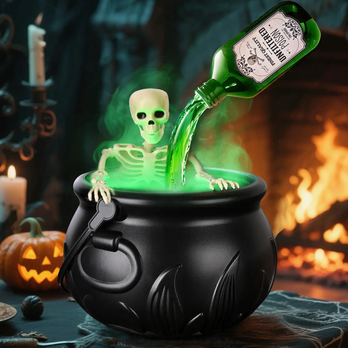LED Halloween Witch Cauldron with Fog Mist – Skeleton Decoration for Hocus Pocus Party