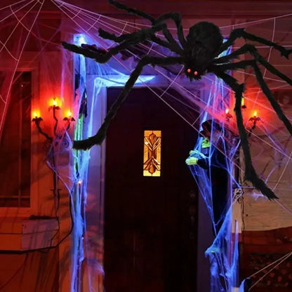 🎃 Scary Halloween Spider Decoration – Hairy Black Plush Spider & Web for Haunted House