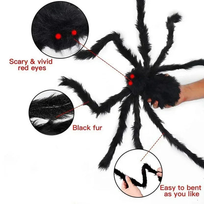 🎃 Scary Halloween Spider Decoration – Hairy Black Plush Spider & Web for Haunted House