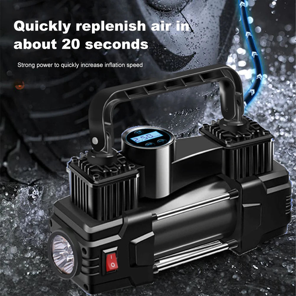 High-Pressure 12V Car Air Pump – Dual Cylinder Electric Tire Inflator with LED