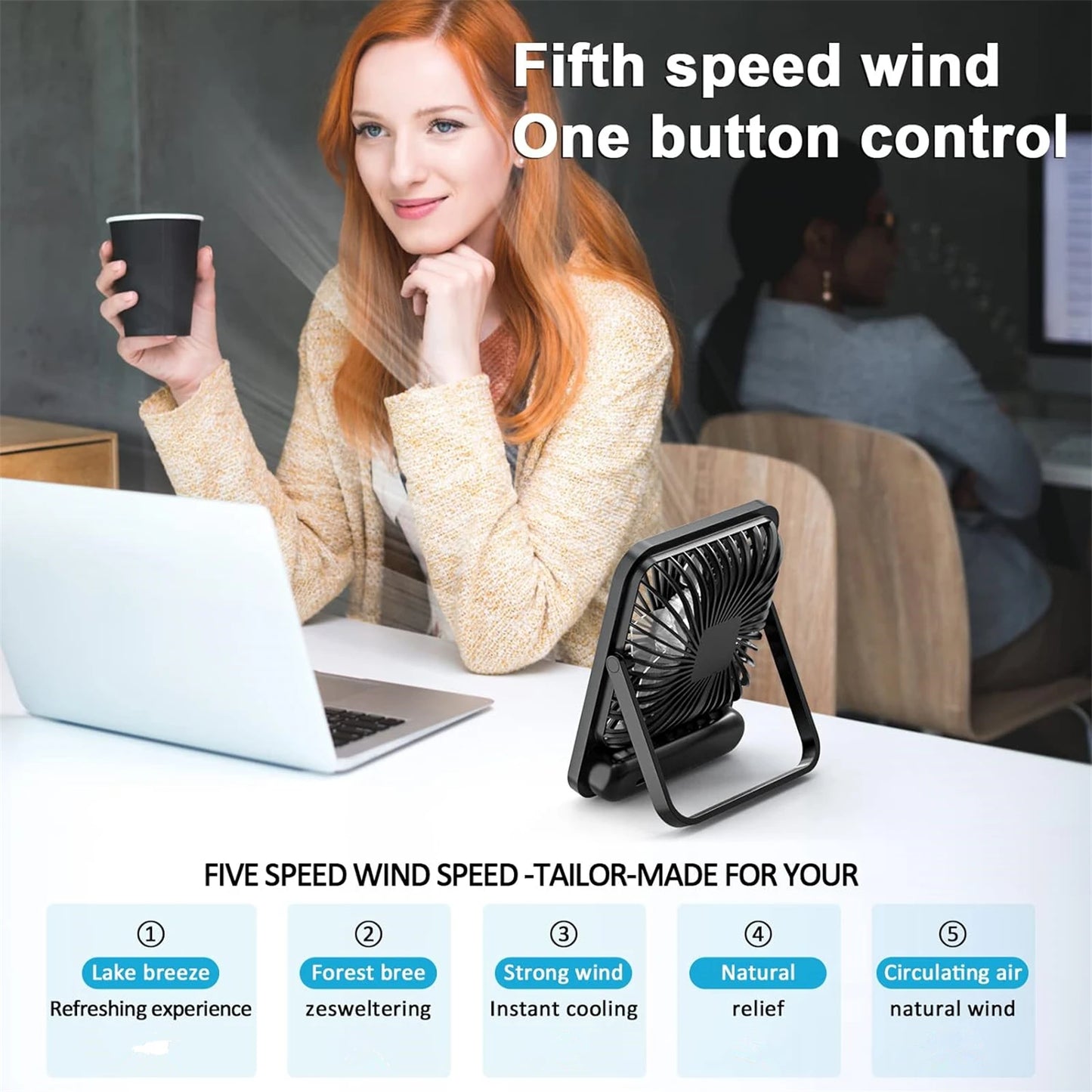 180° Folding USB Fan – Personal Desk Fan with Battery Display & 5 Speed Modes