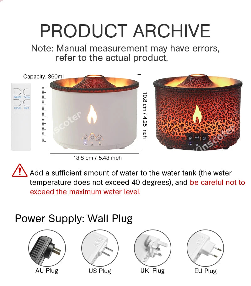 Volcano Flame Essential Oil Diffuser – 360ml Ultrasonic Aromatherapy Humidifier
