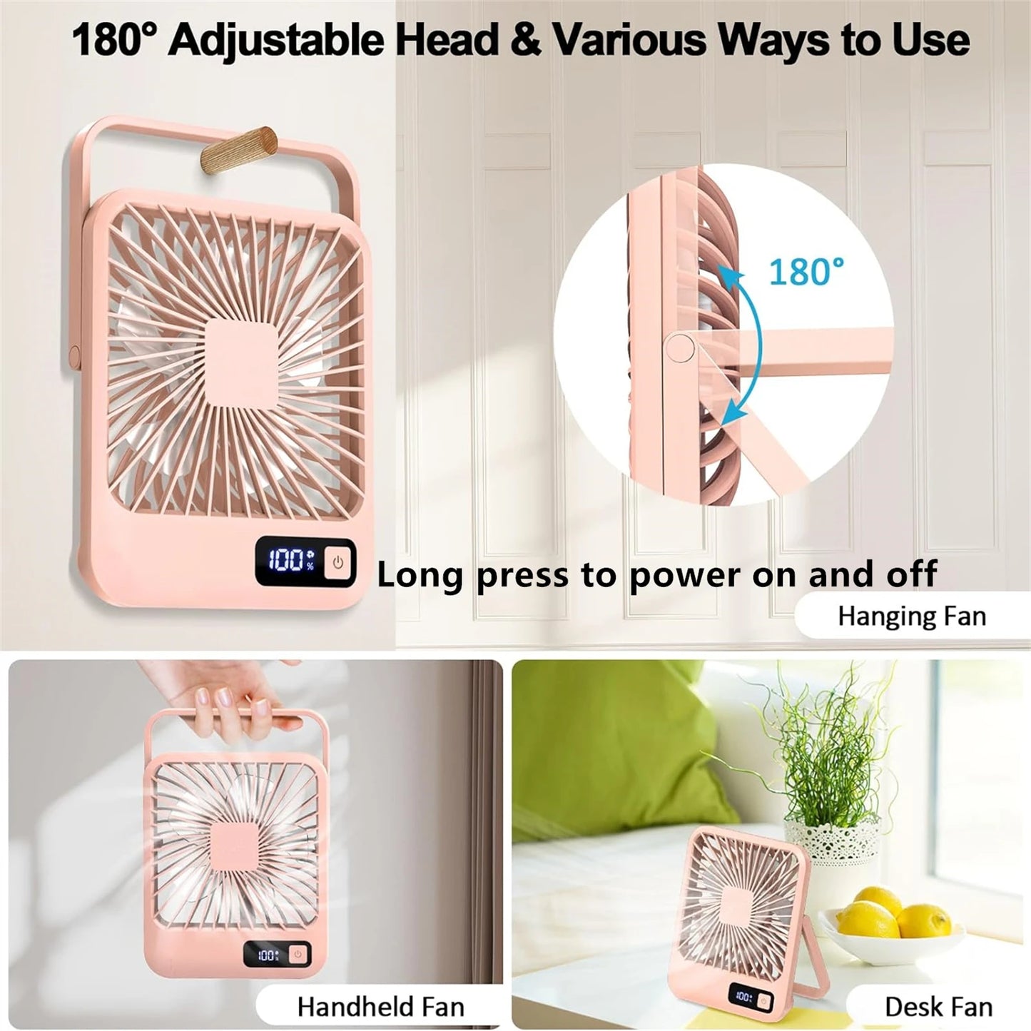 180° Folding USB Fan – Personal Desk Fan with Battery Display & 5 Speed Modes