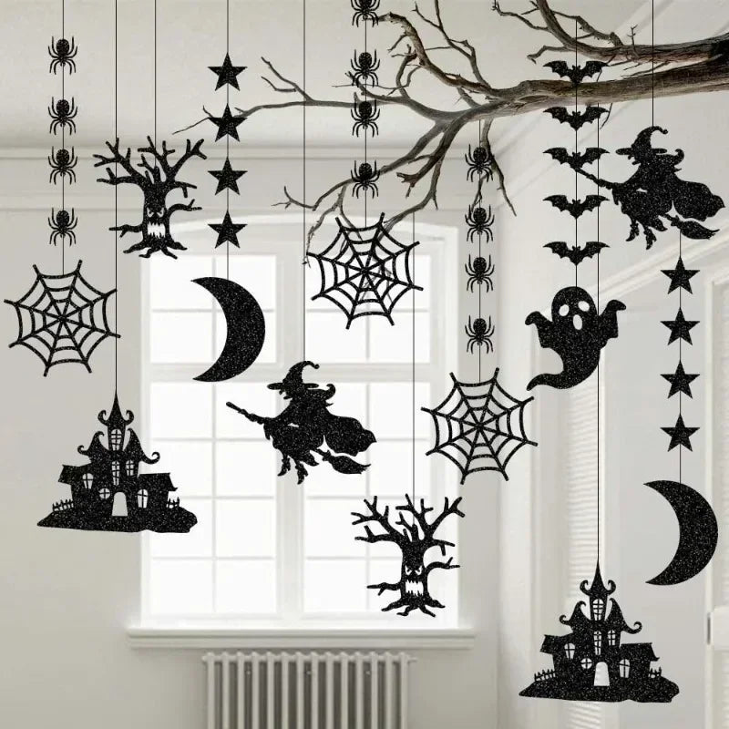 👻 Halloween Party Decorations – 6pcs Hanging Garland with Spiders, Ghosts, Witches, and Bats