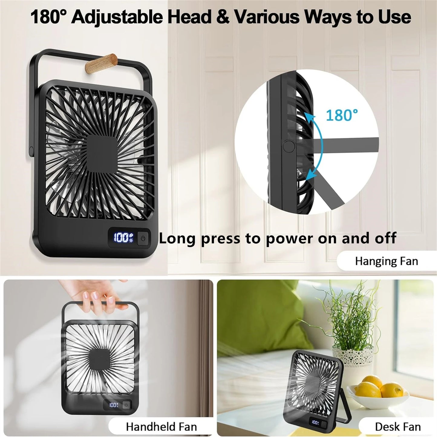 180° Folding USB Fan – Personal Desk Fan with Battery Display & 5 Speed Modes